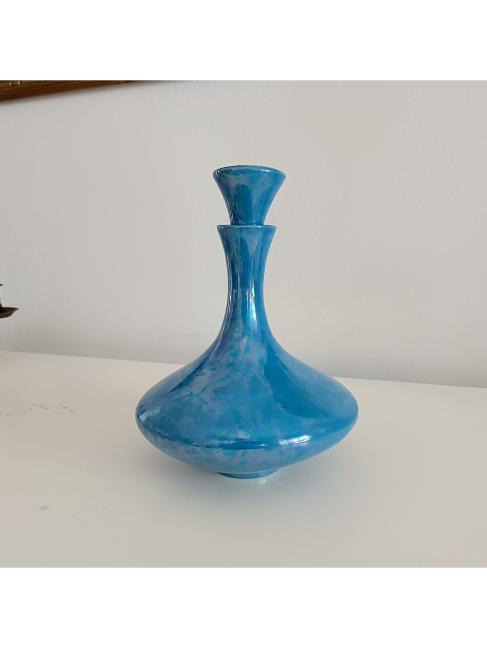 Vintage Glass Genie Decanter Vase with Stopper Blue Handmade MCM